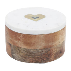 5" Round Wood Box with Marble Lid and Heart Accent - Natural/White