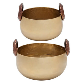 10"/12" Metal Bowls with Hammered Ring Handles Set of 2 - Gold