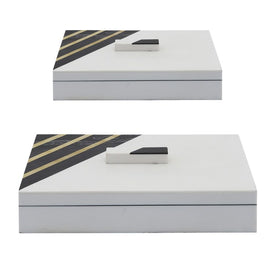 10"/12" Polyresin Striped Boxes with Knob Set of 2 - Black/White
