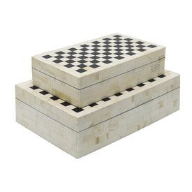 Polyresin/MDF Checkered Lidded Boxes Set of 2 - Black/White