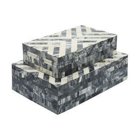 Polyresin/MDF Herringbone Lidded Boxes Set of 2 - Black/White