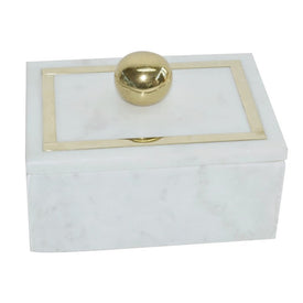 7" x 5" Rectangular Marble Box with Brass Knob - White