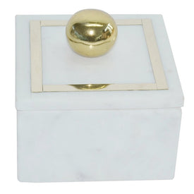 5" x 5" Rectangular Marble Box with Brass Knob - White