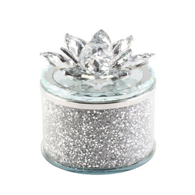 4" Round Crystal Lotus Box - Silver