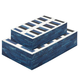 Polyresin/MDF Checkered Rectangles Lidded Boxes Set of 2 - Blue/White