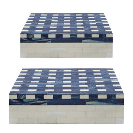Polyresin/MDF Plaid Lidded Boxes Set of 2 - Blue/White