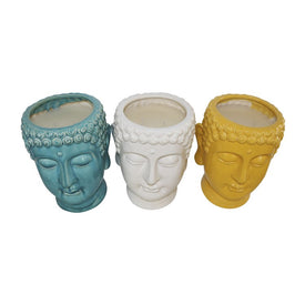 9" Ceramic Buddha Heads with Citronella Candles Set of 3 - Blue/White/Yellow
