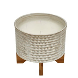 7" Ceramic Planter on Wood Stand with Citronella Candle - Beige