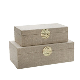 10"/12" Wood Boxes with Medallion Set of 2 - Ivory/Gold
