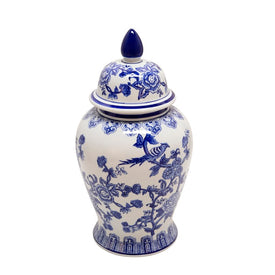 18" Bird/Flower Design Ceramic Temple Jar - Blue/White