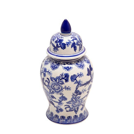 14" Bird/Flower Design Ceramic Temple Jar - Blue/White