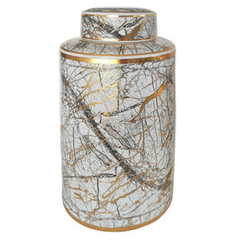 16" Ceramic Jar with Gold Lid - White