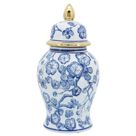 14" Ceramic Temple Jar with Hibiscus Design - Blue & White