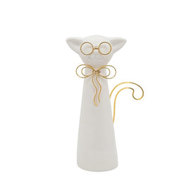 8" Ceramic Cat with Glasses Figurine - White