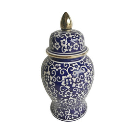 14" Ceramic Temple Jar with Jasmine Flower Design - Blue & White