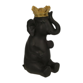 14" Polyresin Elephant with Crown - Black/Gold