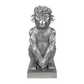 8" Polyresin Monkey Figurine with Flower Crown - Silver