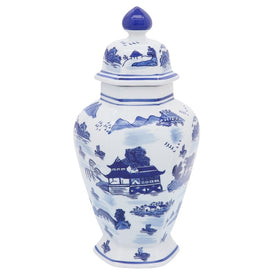 14" Ceramic Scenic Temple Jar - Blue