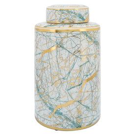 16" Ceramic Jar with Gold Lid - Green