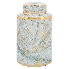 12" Ceramic Jar with Gold Lid - Green