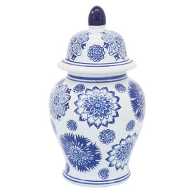 10" Ceramic Assorted Flowers Temple Jar - Blue