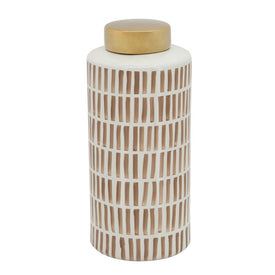 13" Dots and Dashes Ceramic Jar with Gold Lid - Tan