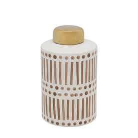 9" Dots and Dashes Ceramic Jar with Gold Lid - Tan