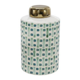 9" Ceramic Jar with Gold Lid - Green/White