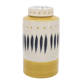 10" Ceramic Tribal Jar with Lid - Yellow/White