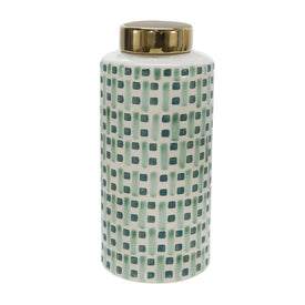 13" Ceramic Jar with Gold Lid - Green/White