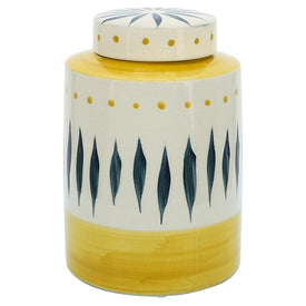 9" Ceramic Tribal Jar with Lid - Yellow/White