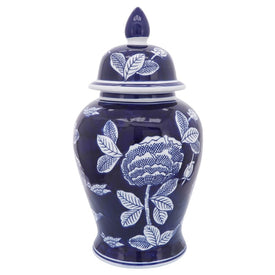 18" Ceramic Flower Temple Jar - White/Blue
