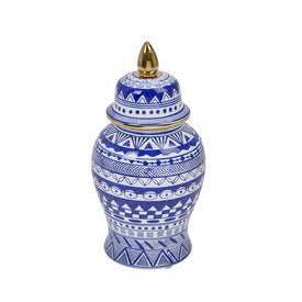 14" Ceramic Temple Jar with Gold Accents - Blue/White