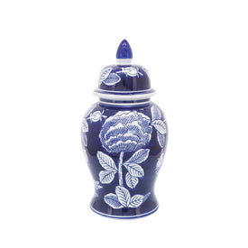 14" Ceramic Floral Temple Jar - White/Blue