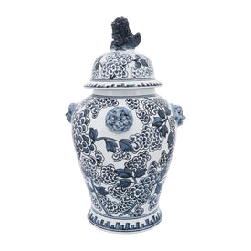 18" Ceramic Lion Heads Temple Jar - Blue