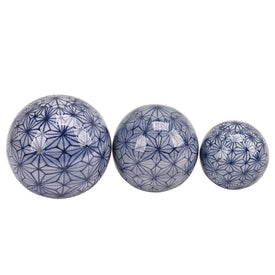 4"/5"/6" Flower Lattice Painted Ceramic Orbs Set of 3 - Blue/White