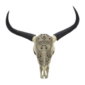 28" Polyresin Bull Skull Wall Decor - Ivory/Black (Knockdown Design)