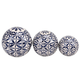 4"/5"/6" Abstract Floral Ceramic Orbs Set of 3 - Blue/White