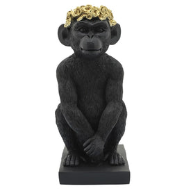 14" Polyresin Monkey Figurine with Flower Crown - Black/Gold
