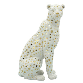 11" Ceramic Sitting Leopard Figurine - White/Gold