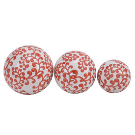 4"/5"/6" Fern Ceramic Orbs Set of 3 - White/Red