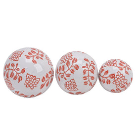 4"/5"/6" Fern and Flower Ceramic Orbs Set of 3 - White/Red
