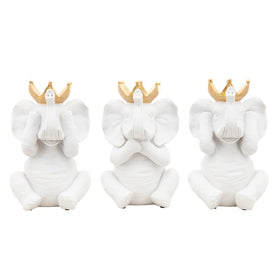 Polyresin Hear No/See No/Speak No Elephant Figurines in Crowns Set of 3 - White/Gold