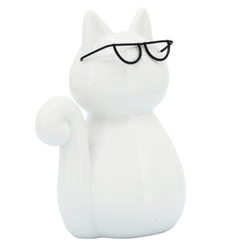 8" Porcelain Cat with Glasses - White