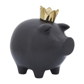 8" Ceramic Pig Figurine with Crown - Black