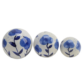 4"/5"/6" Flower Painted Ceramic Orbs Set of 3 - White/Blue
