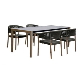 Fineline and Doris Indoor Outdoor Five-Piece Dining Set in Light Eucalyptus Wood with Superstone with Charcoal Rope