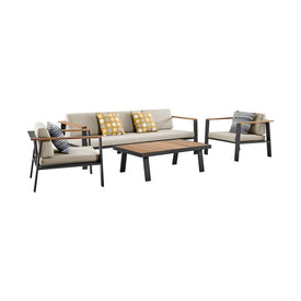 Nofi Four-Piece Outdoor Patio Set in Charcoal Finish with Taupe Cushions and Teak Wood