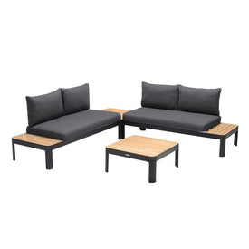 Portals Outdoor Four-Piece Sofa set in Black Finish with Natural Teak Wood Top Accent
