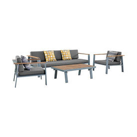 Nofi Four-Piece Outdoor Patio Set in Gray Finish with Gray Cushions and Teak Wood